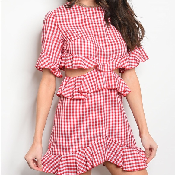 red and white check dress